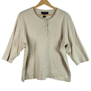 Denim & Co Henley Top Tan Beige Size 2X Pullover 3/4 Sleeve 100% Cotton /